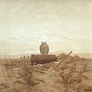 Landscape with Grave, Coffin and Owl (sepia ink and pencil on paper)