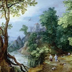 Landscape with Sportsmen and Dogs (oil on copper)