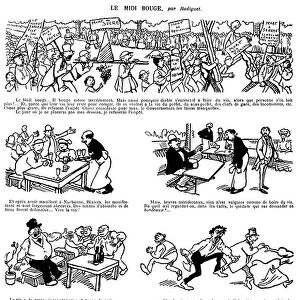 Le Midi Moves. Cartoons on the revolt of the winemakers of the Midi by Maurice Radiguet (1866-1941) in the newspaper Le Rire of May 25, 1907. Demonstration against fraud (fraudsters) and refusal to pay tax