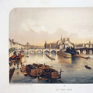 Le Pont Neuf, Paris. Lithography watercolour, illustration by E. de la Tramblaiz, in "Album, souvenirs de Paris", Daziaro editor, Paris, 1885