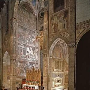 The left wall of the Basilica di Santa Croce, Florence, Italy, decorated with frescoes