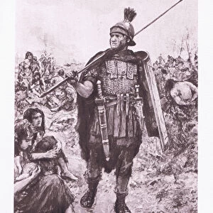 A legionary guarding captives in a field, illustration from The Roman Soldier