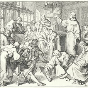 The Leipzig debate, Andreas Karlstadt, Johann Eck and Martin Luther, 1519 (engraving)