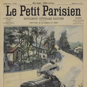 Leon Thery at full speed during the French eliminator for the 1904 Gordon Bennett Cup motor race (colour litho)