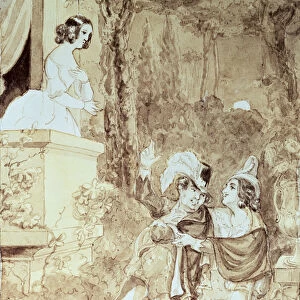 Leporello serenading Elvira in the guise of Don Giovanni (Don Juan) who stands behind him