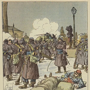 Les gendarmes a pied du general Bourdillon defendent le passage de l Huisne (colour litho)