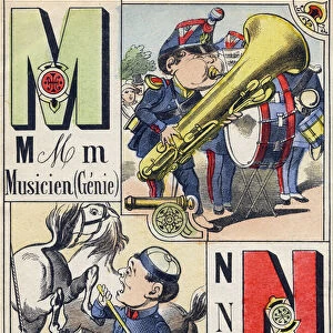 Letters M N: Musician and Cleaning of the stable. Engraving in "