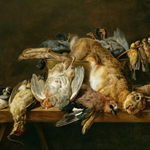 Still life of dead birds and a hare on a table, 1647