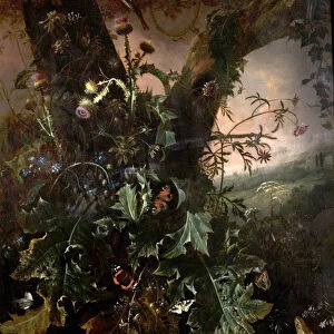 Still Life with Frog and Goldfinch (Thistles and Butterflies) (oil on canvas)