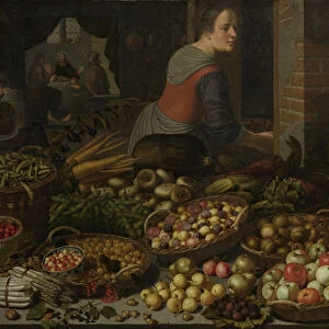 Still Life with Fruit and Vegetables, with Christ at Emmaus in the background, c