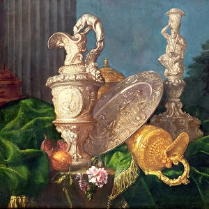 A Still Life of an Ornate Silver Ewer and a Silver Basin
