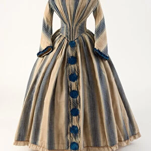 Light brown and blue striped wool gauze dress with blue pom-poms, 1840s (wool)