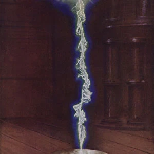 Lightning in a laboratory: million volt flash passing from a copper ball to an earth consisting of a metal plate below (colour litho)