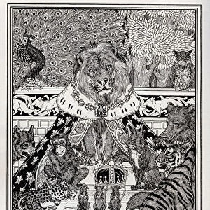 The lion, king of animals surrounds with his court (peacock, owl, wolf, monkey, tiger, panthere, fox, bear, rat, rooster) - engraving from "A Hundred Fables of La Fontaine"Illustrated by Percy J. Billinghurst (1871-1933) - 1899