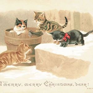 Four Little Kittens Playing, Christmas Card (chromolitho)