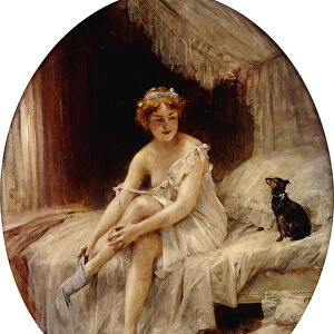 Little Woman putting on her stockings; Petite Femme mettant sa bas, (oil on canvas)