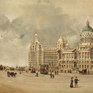 Liverpool: Offices of the Mersey Docks and Harbour Board, The Liver Building, Etc, Approach to the Landing Stage (colour litho)