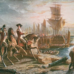 Lord Howe organizes the British evacuation of Boston in March 1776 (colour engraving)