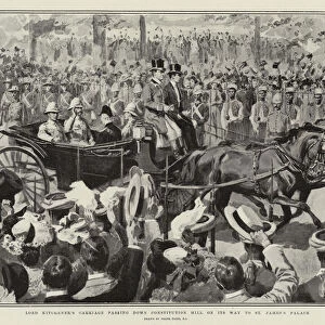 Lord Kitcheners Carriage passing down Constitution Hill on its Way to St Jamess Palace (litho)