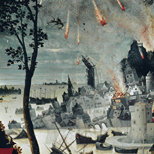 Lot and his Daughters, detail of the destruction of Sodom (oil on panel, circa 1517)