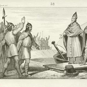 Louis d Outremer returns to France to claim the throne, 936 (engraving)