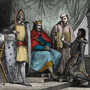Louis II (848-79) the Stammerer receives an oath of allegiance from a noble