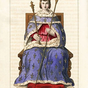 Louis IX, King of France, in ceremonial robes seated on a throne, 13th century. He wears a crown and holds two sceptres. His cape is in blue decorated with fleurs de liys and lined with ermine. His tunic is red, as is the foot cushion