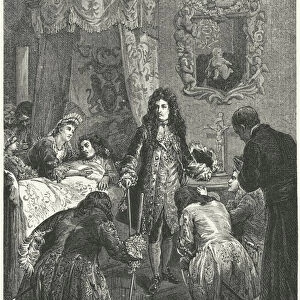 Louis XIV of France visiting James II of England on his deathbed, 1701 (engraving)