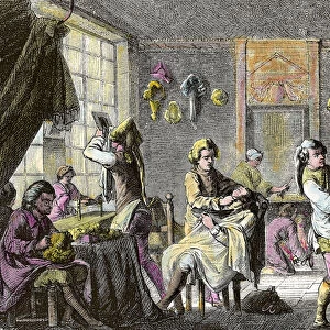 Louis XV fashion: view of the interior of a wig hairdresser. Engraving around 1755