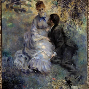Lovers. Couple sitting in a garden. Painting by Pierre Auguste Renoir (1841-1919), 1875