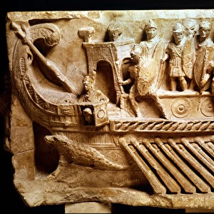 Low Roman relief depicting a birem. A crocodile can be seen below the bow