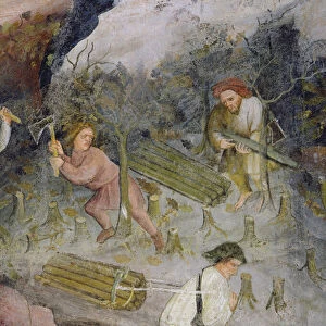 Lumberjacks at work. Felling trees in the forest (fresco)