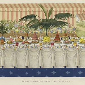 Luncheon table laid under tent for fetes etc (chromolitho)
