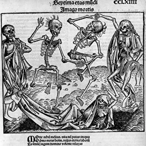 Macabre dance scene, with skeletons, -in "Chronicles of Nuremberg"