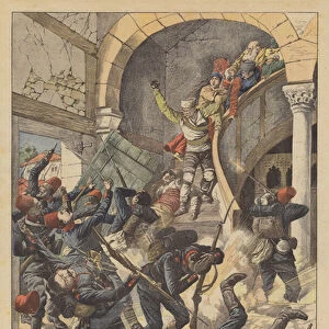 Macedonians defending themselves with bombs against Turkish soldiers (colour litho)