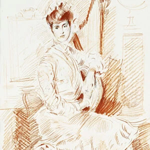 Madame Helleu seated by a Harp, (red, black and white chalks)