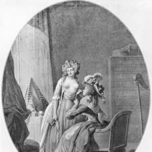 Madame de Merteuil seducing Cecile Volange, illustration from Les Liaisons Dangereuses by Pierre Choderlos de Laclos (1741-1803) engraved by Romain Girard (b. c. 1751) 1782 (engraving) (b / w photo)