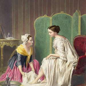 Maid Washing her Mistress Feet (coloured print)