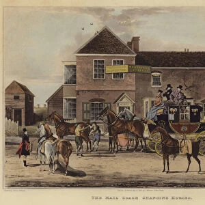 The Mail Coach Changing Horses (coloured engraving)