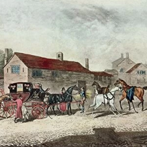 The Mail Coach Changing Horses, engraved by R. Havell, 1815 (colour litho)