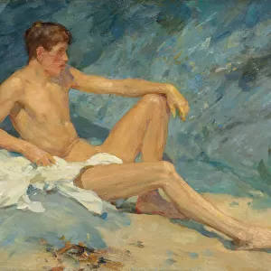 A male nude reclining on rocks (oil on canvas board)
