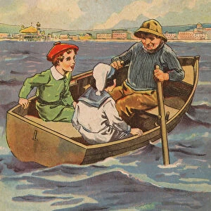 Man and children in a rowing boat (colour litho)