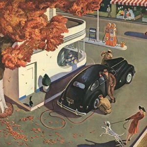 Man Getting His Car Serviced at a Gas Station, 1942 (screen print)