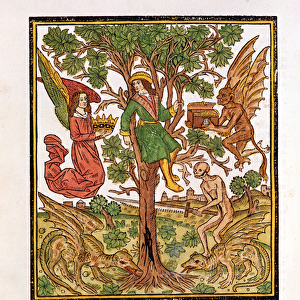 Man between vice and virtue, from La Cite de Dieu, 1486-87 (xylograph)