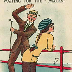 Man waiting to smack a womans bottom while she watches the yacht racing (colour litho)