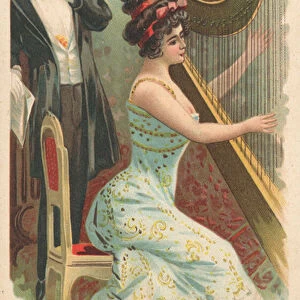 A man watching a woman playing the harp (colour litho)