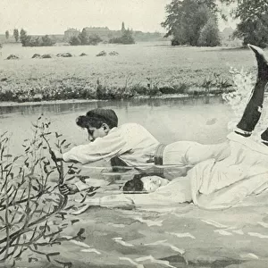 Man and woman falling out of a boat (b / w photo)