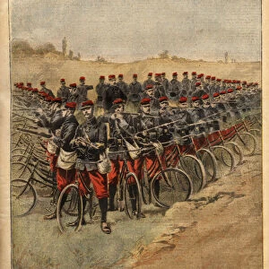 Maneuvers in the north of France, military company of 90 cyclists, support of cavalry. Engraving in "Le petit journal"3 / 10 / 1897. Selva Collection