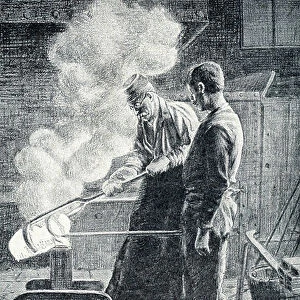 Manufacture of cutlery: cast ingot in a mold, 1904 (engraving)