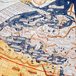 Map of central Europe, 1486 (coloured engraving) (details of 157909)